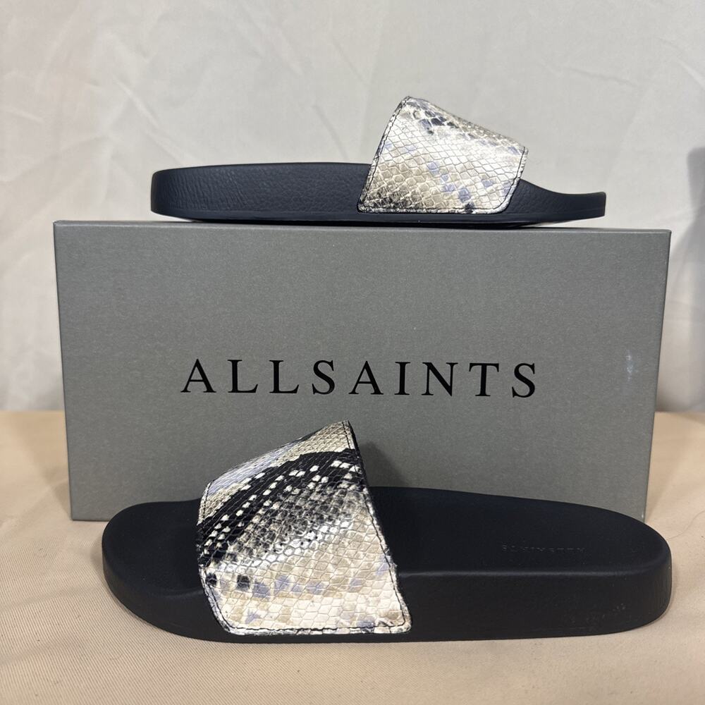 AllSaints Karli Womens 8 Leather Snake Print Slides Sandals Summer Snake EU 38